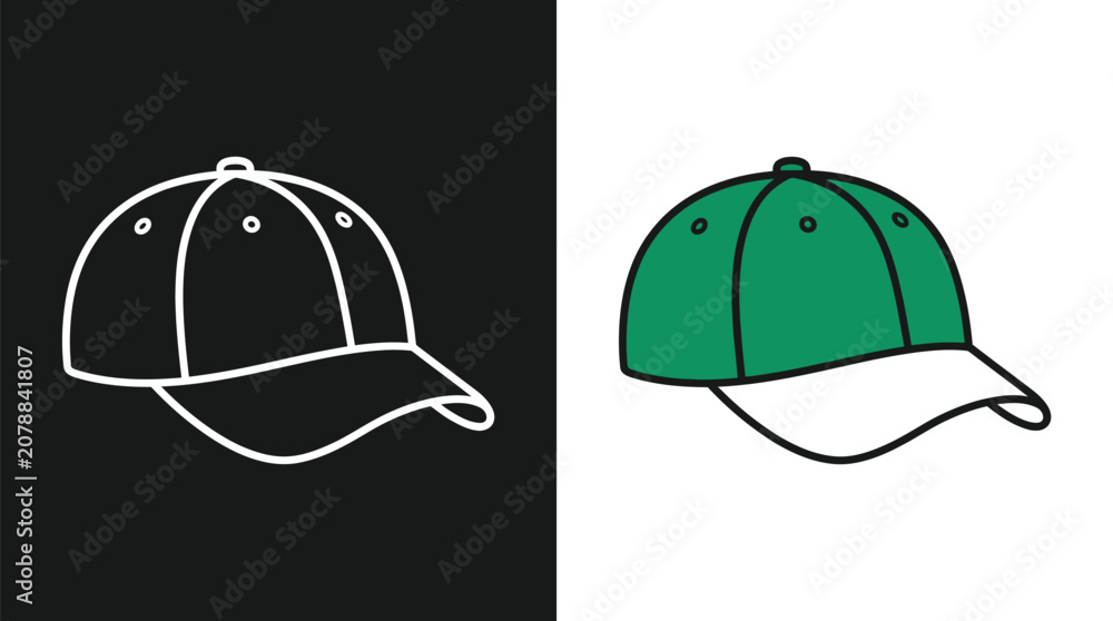 Fototapeta premium Minimalist vector graphic illustration of a green baseball cap design on a simple split background