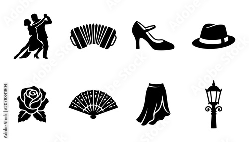 Flamenco Dance Icons Set: Couple, Accordion, Shoe, Hat, Rose, Fan, Skirt, Lamp