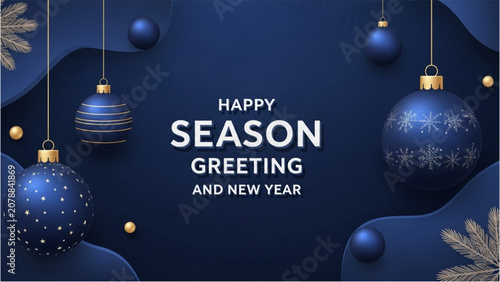 Cuadro en lienzo Blue Christmas ornaments hang on a dark blue background with gold accents and a