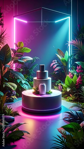 A futuristic neon-lit display with a cylindrical object on a pedestal surrounded by lush greenery and vibrant pink and blue lights