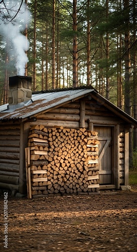 Cozy Wooden Cabin in Forest with Firewood Stack and Smoke.