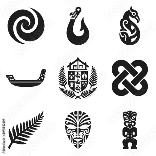 Collection of Maori cultural symbols and icons.