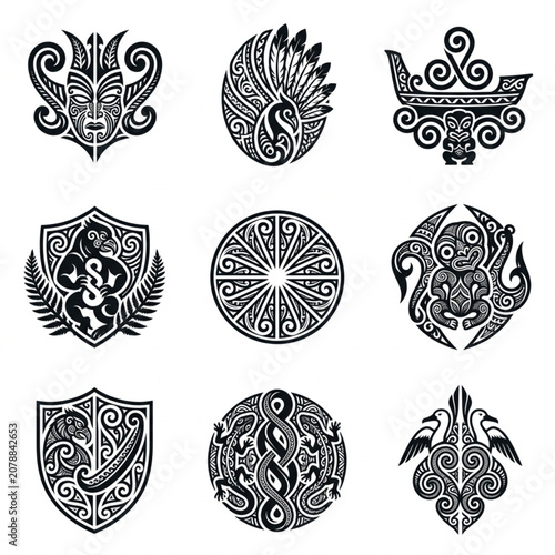 Collection of nine unique tribal and cultural symbols in black and white.