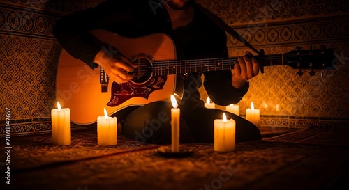 Person Playing Acoustic Guitar in Candlelit Room.