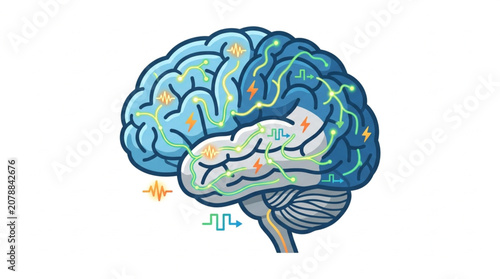 Illustration of a human brain with electrical impulses and connections.