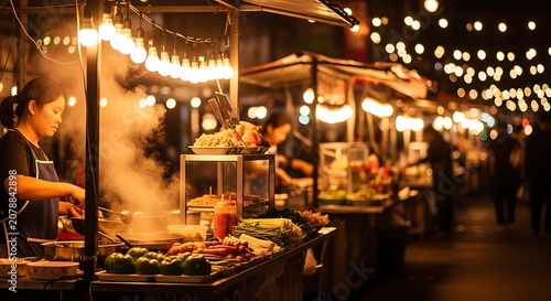 Night Market Food Stalls with Bright Lights and Vendors.