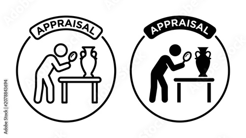 Foto Appraisal Icon Set: Two stylized icons depict a person examining an ancient vase with a magnifying glass, symbolizing appraisal and valuation