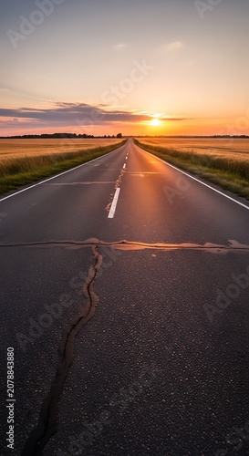 Scenic Sunset Over Open Road in Rural Landscape.