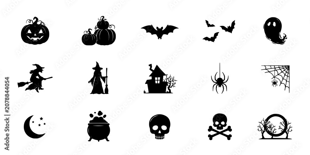 Fototapeta premium Skull and Crossbones Icon Set with Pumpkin, Bats, and Halloween Symbols for Festive Vector Graphics Background