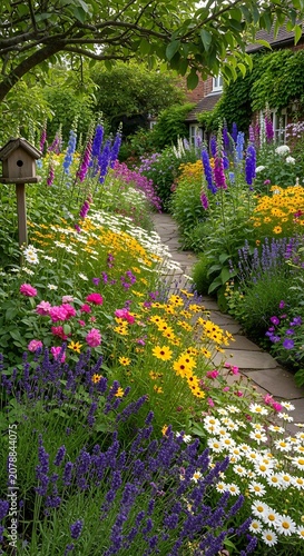 Beautiful Garden Pathway with Colorful Flowers and Green Foliage.