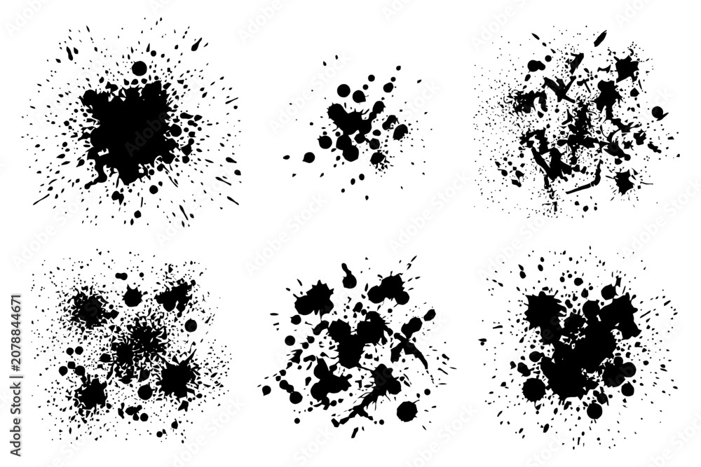 Obraz premium Black ink splatter collection on white background in various shapes and sizes.