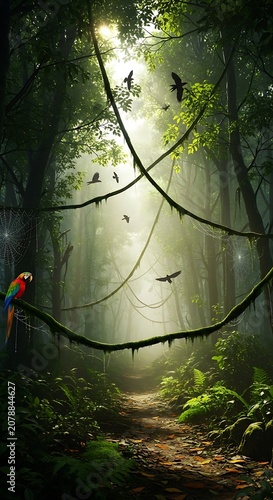 Serene Forest Scene with Rope Bridge and Sunlight.