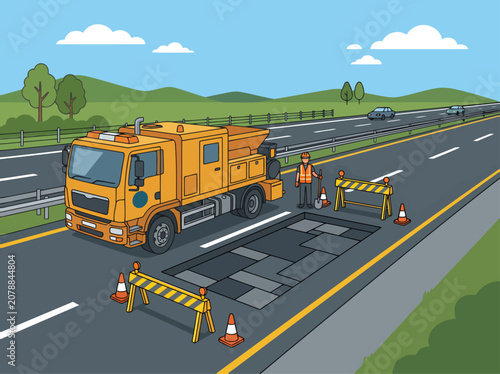 Tableau sur toile Highway maintenance crew repairs asphalt softening
