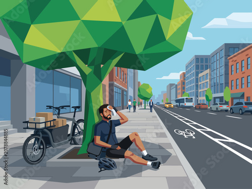 Foto A man rests under a stylized tree in a city street, experiencing urban heat