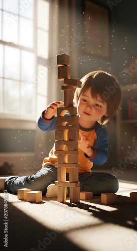 Young Boy Playing with Wooden Block Tower Indoor.
