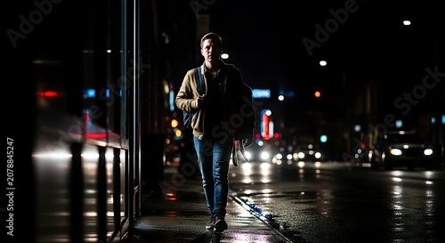 Urban nighttime city street scene with neon lights.