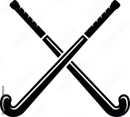 Black vector illustration of crossed field hockey sticks on a white background.
