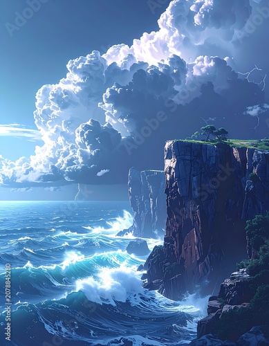 A rocky cliffside meets turbulent ocean under a cloudy sky