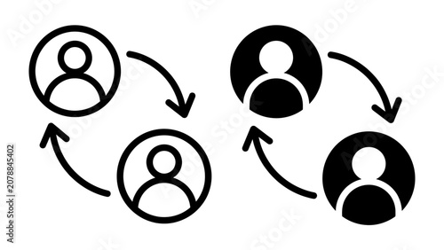Schilderij op canvas User Interaction Symbols: Two pairs of stylized user icons are connected by circular arrows, illustrating concepts of connection, communication, or exchange