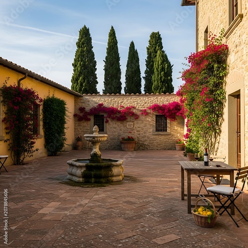 Charming Mediterranean Courtyard with Fountain and Blooming Vines.