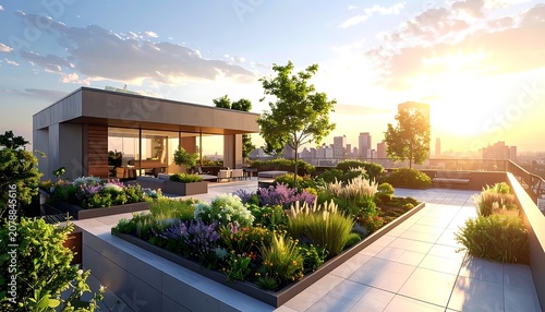 A modern house with a rooftop garden overlooking the city at sunset (1)