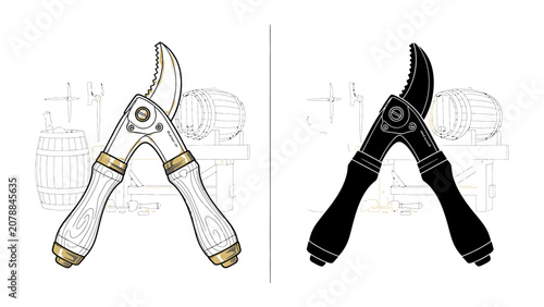 Fotografía Garden Tool Illustration: A detailed illustration of garden shears, presented in both a colored version and a silhouette, highlighting the design and functionality of pruning shears