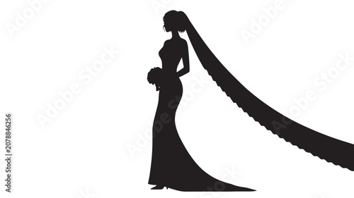 Elegant bride silhouette in long wedding dress with veil, graceful woman holding bridal bouquet vector, minimalist black and white marriage icon