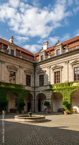Historic European Building Courtyard with Classic Architecture and Blue Sky.