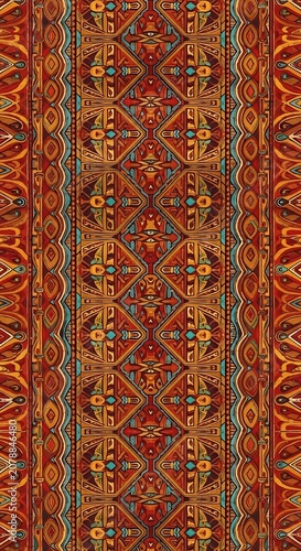 Intricate Traditional Patterned Textile with Vibrant Colors and Geometric Designs.