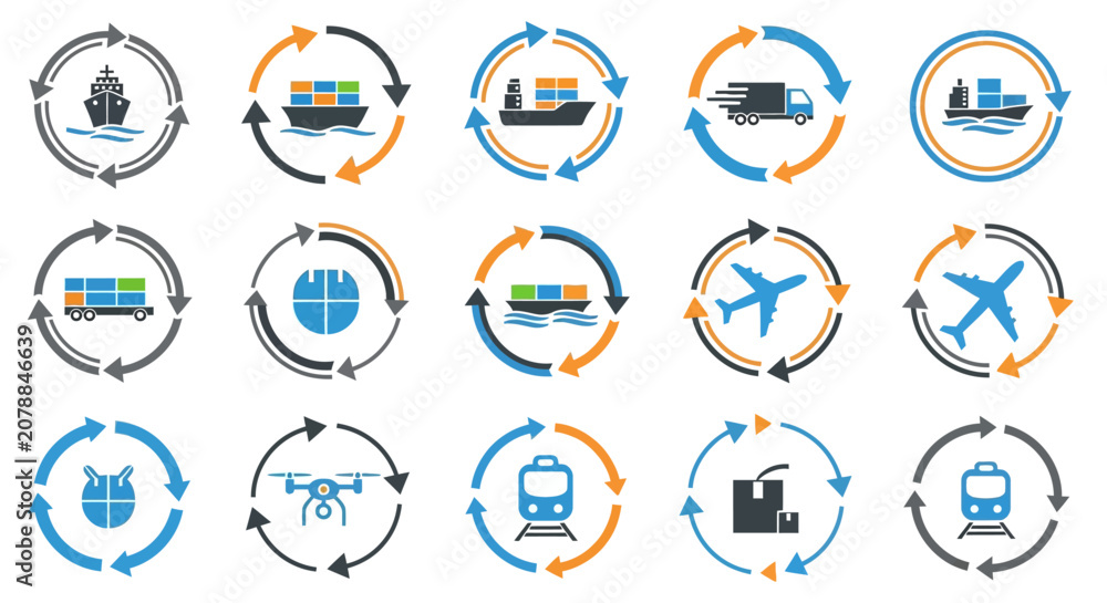 Fototapeta premium Transportation icons with circular arrows.