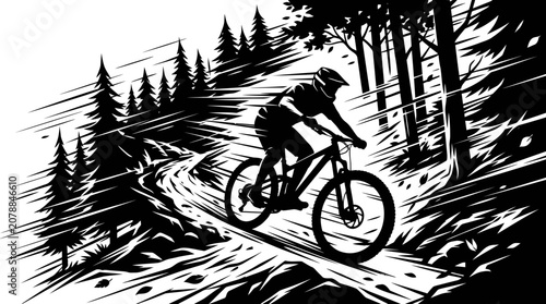 Bild auf Leinwand Man Riding Mountain Bike Downhill.