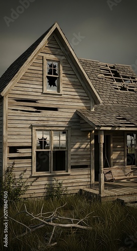 Old Abandoned House with Damaged Roof and Broken Windows in a Desolate Setting.