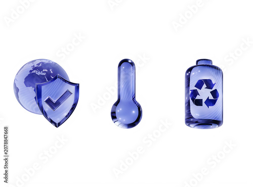 Set of environmental icons including a globe with shield, thermometer, and recycling bin for climate change and ecology concepts