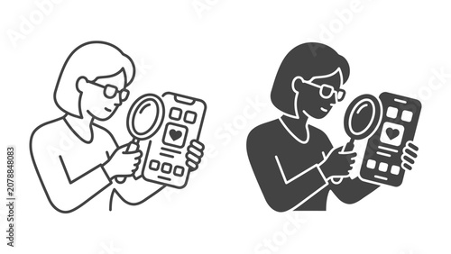 Принти на полотні Magnifying the digital world: A person examines a smartphone screen through a magnifying glass, symbolizing data analysis and close inspection of digital content