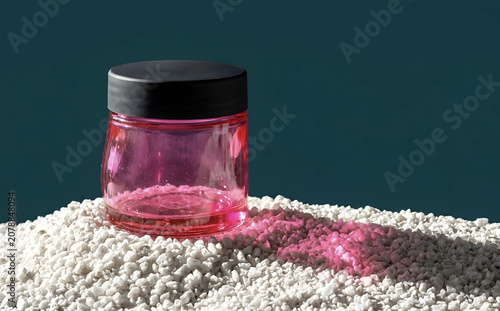 Minimalist Neon Pink Glass Cosmetic Jar Mockup on Crushed White Quartz