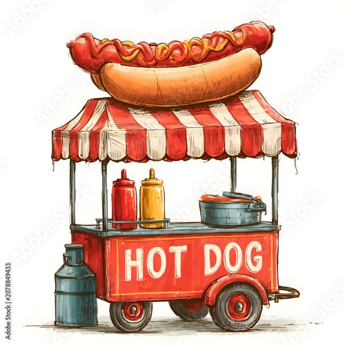 Hand-drawn illustration of a vintage hot dog cart with a large hot dog on top, featuring red and white striped awning, ketchup and mustard bottles, and a blue tank