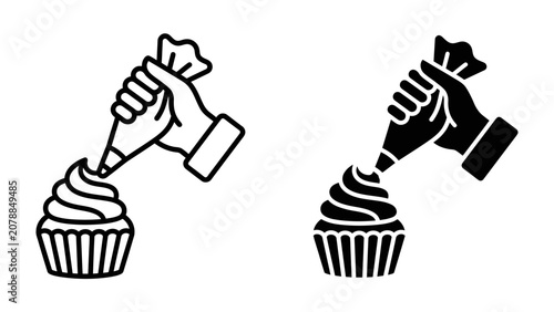 Bilde på lerret Decorating a Cupcake: A hand skillfully uses a piping bag to adorn a cupcake with frosting, showcasing the art of baking and dessert creation in both outlined and filled graphic styles