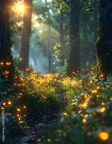 A serene forest scene with fireflies and sunlight filtering through trees (8)
