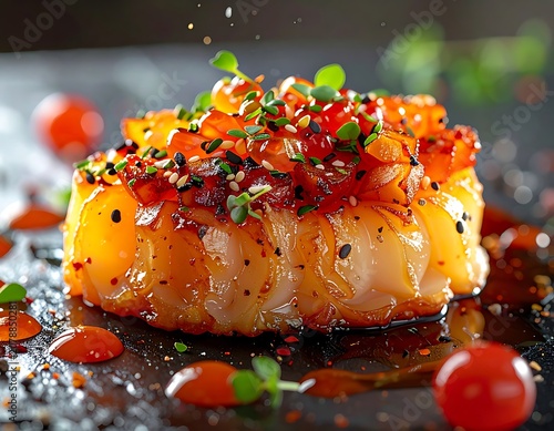 A succulent piece of seared scallops with vibrant garnishes