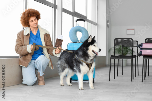 Young woman with Husky dog and baggage near window in airport
