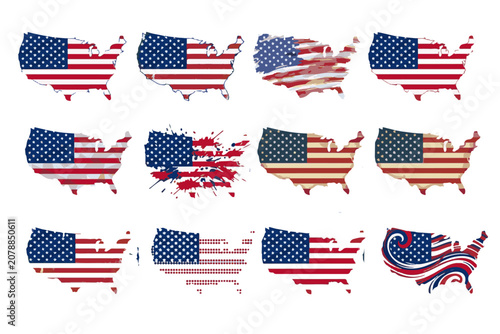 USA map silhouettes set with American flag designs. United States geographical maps in various artistic styles, including grunge, watercolor, splash, halftone, and swirl, isolated on a white backgroun