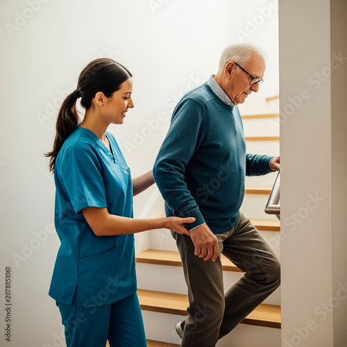 Professional Female Caregiver in Blue Scrubs Assisting Senior Man Climbing Stairs at Home, Providing Support and Safety for Elderly Patient Care.