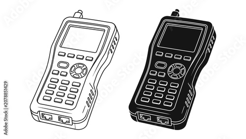 Fotografía Network Cable Tester: A white and black illustration of a handheld network cable tester device, featuring a digital screen, keypad, and ports for connectivity