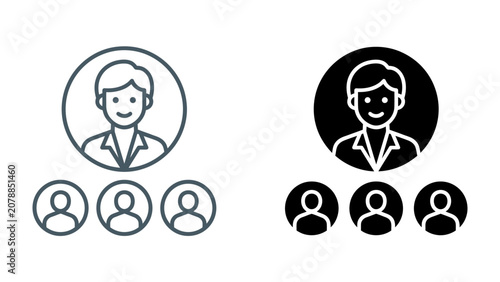 Obraz na plátně Team Hierarchy Icons: Two simple graphic representations of team hierarchy, one in outline and one in filled style, showing a leader figure above three subordinate figures