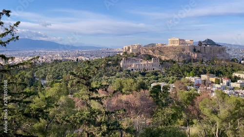 Athens pan across the city to Acropolis Parthenon temples Greece