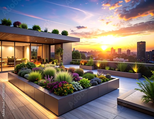 A serene rooftop garden at sunset with a modern building (1)