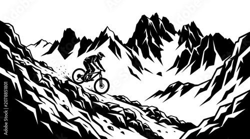 Bilde på lerret Mountain Biker Riding Downhill Fast.