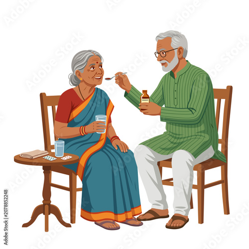 Caring senior Indian man giving liquid medicine on spoon to his smiling wife sitting on wooden chairs wearing traditional clothing flat vector illustration