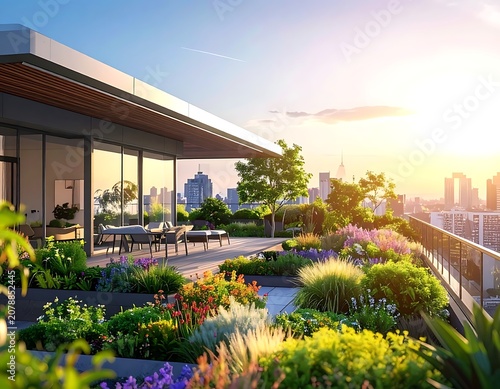 A serene rooftop garden overlooking a city skyline at sunset (33)