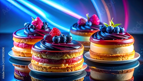 A vibrant arrangement of miniature cheesecakes with fruit toppings